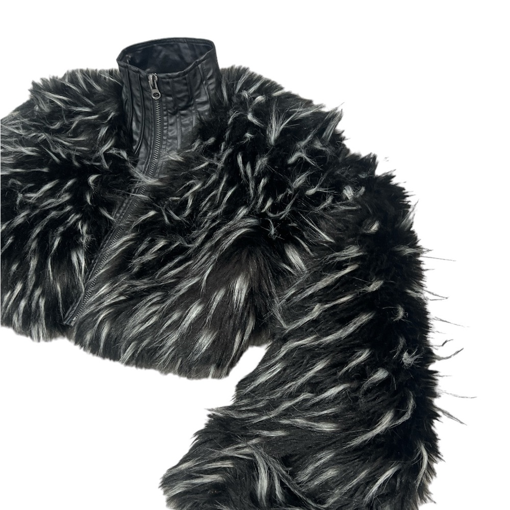 Punk Rave Gothic Black White Cropped Fur Jacket - Picture 7 of 15